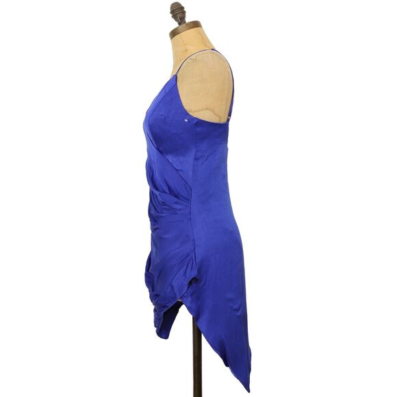 BARDOT Oceana Mini Satin Dress S Royal Blue Asymmetric Hem Gathered V-Neck B35 - Picture 5 of 5
